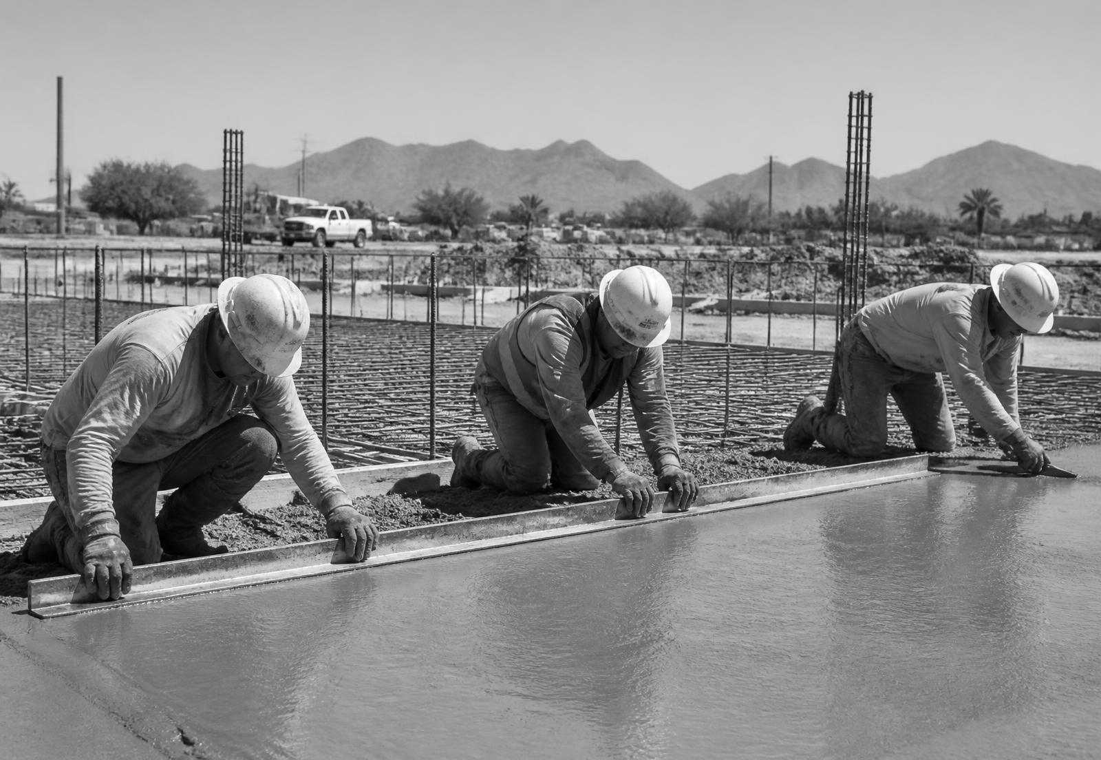 A concrete flatwork crew screeding a fresh slab pour on a Phoenix jobsite